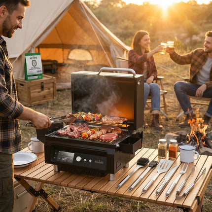 ASMOKE Essential Portable Smart Wood Pellet Grill Smoker & 6pc BBQ Tool Set + 20lb Applewood Pellets Bundle.