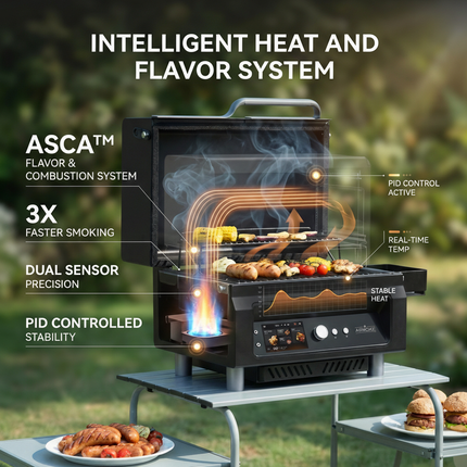 ASMOKE Essential Portable Wireless Pellet Smoker - Battery Powered 8-in-1 Mini BBQ Grill with Smart Temp Control & Meat Probe for Camping & RV.