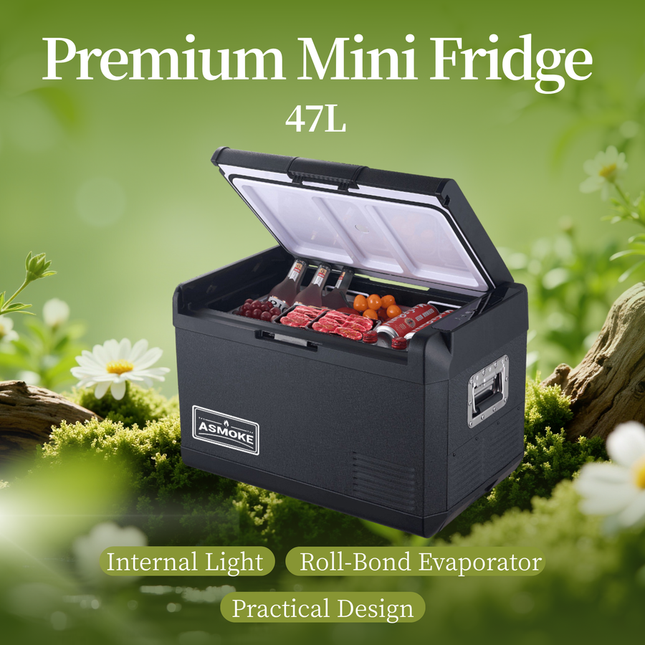 ASMOKE Premium Mini Fridge | 47L Compact Refrigerator with Roll-Bond Evaporator & Internal Light.