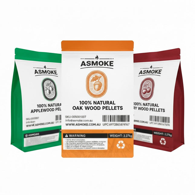 ASMOKE 3-Piece Premium Wood Pellet Variety Pack - Oak, Cherry & Apple (3 x 2.27kg Bags).