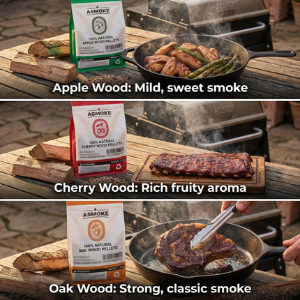 ASMOKE 3-Piece Premium Wood Pellet Variety Pack - Oak, Cherry & Apple (3 x 2.27kg Bags).
