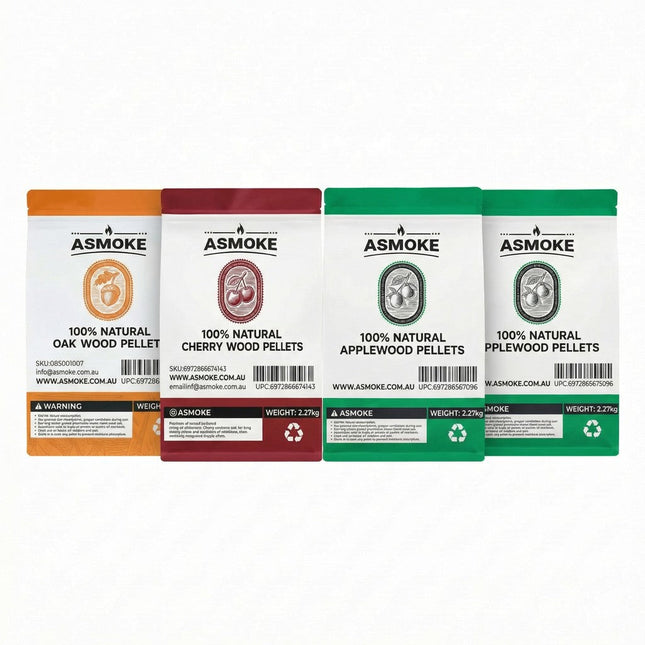 ASMOKE 4-Piece Premium Wood Pellet Variety Pack - Oak, Cherry & 2x Apple (4 x 2.27kg Bags).