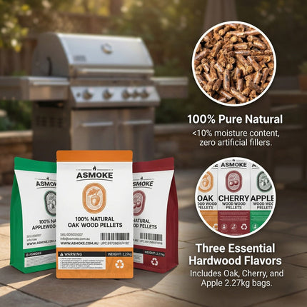 ASMOKE 4-Piece Premium Wood Pellet Variety Pack - Oak, Cherry & 2x Apple (4 x 2.27kg Bags).