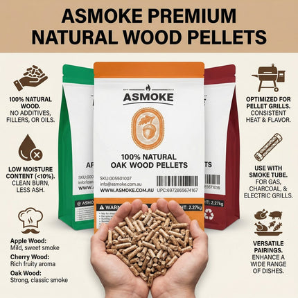 ASMOKE 4-Piece Premium Wood Pellet Variety Pack - Oak, Cherry & 2x Apple (4 x 2.27kg Bags).