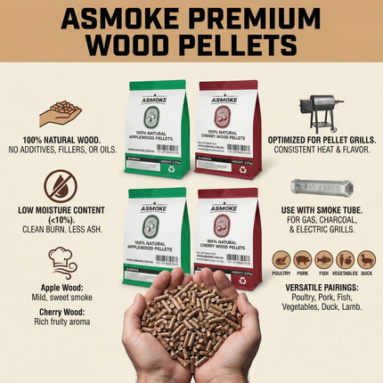 ASMOKE 20lbs (9kg) Wood Pellet Sampler Bundle - 2-Flavour Variety Pack (2x Cherry, 2x Apple) - Best for Pork, Ribs & Poultry.
