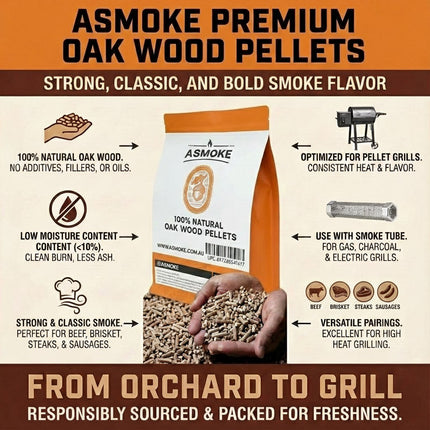 ASMOKE 19kg (40lbs) Premium Oak Wood BBQ Smoker Pellets Bulk Bundle (8 x 2.27kg Bags).