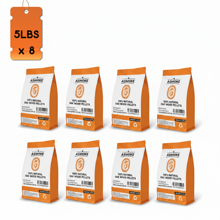 ASMOKE 19kg (40lbs) Premium Oak Wood BBQ Smoker Pellets Bulk Bundle (8 x 2.27kg Bags).
