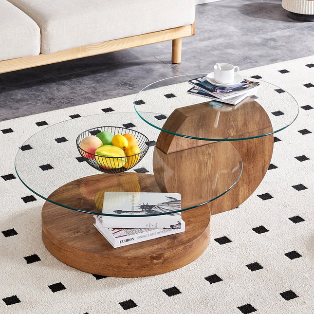 'MINORI' Double Layer Clear Tempered Glass Dark Wood Grain Coffee Table.