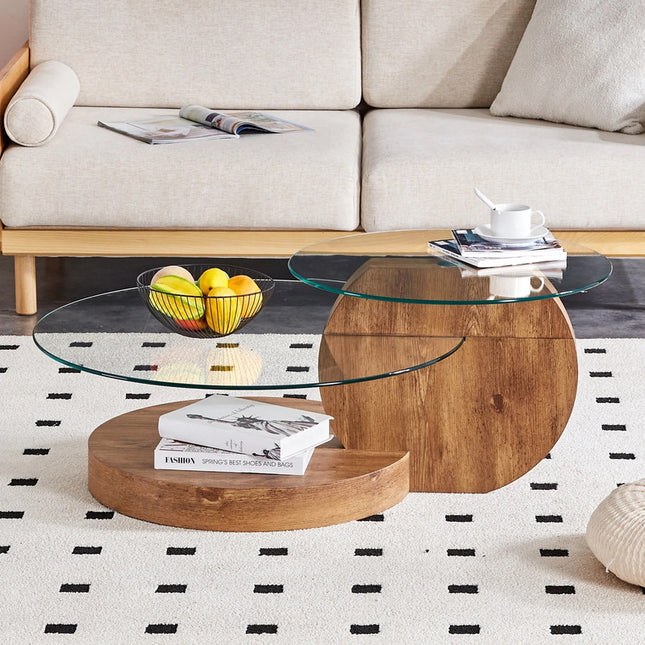 'MINORI' Double Layer Clear Tempered Glass Dark Wood Grain Coffee Table.