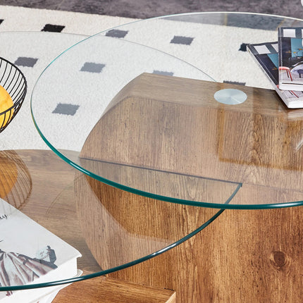 'MINORI' Double Layer Clear Tempered Glass Dark Wood Grain Coffee Table.