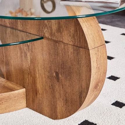 'MINORI' Double Layer Clear Tempered Glass Dark Wood Grain Coffee Table.