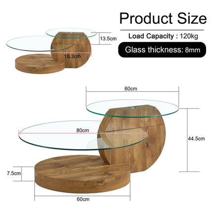 'MINORI' Double Layer Clear Tempered Glass Dark Wood Grain Coffee Table.
