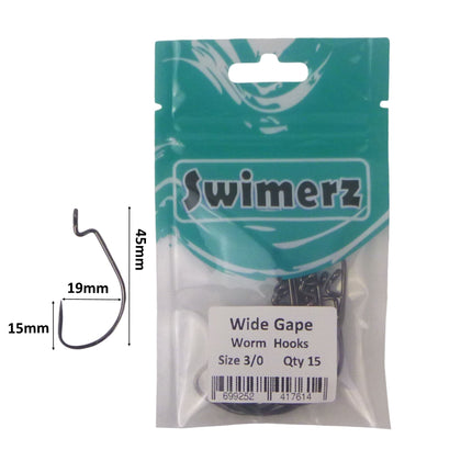 Swimerz 3/0 Wide Gape Worm Hook 15 Pack.