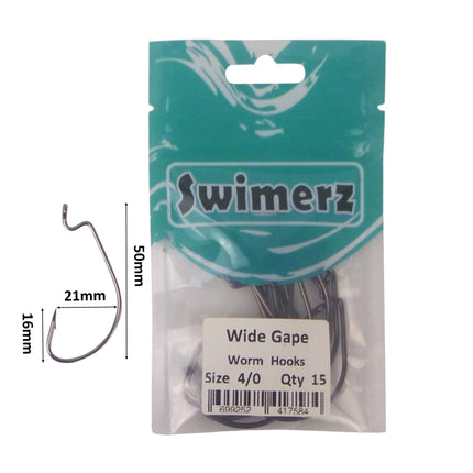 Swimerz 4/0 Wide Gape Worm Hook 15 Pack.