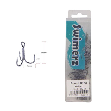 Swimerz Round Bend Trebles Size 6, 50 pack.