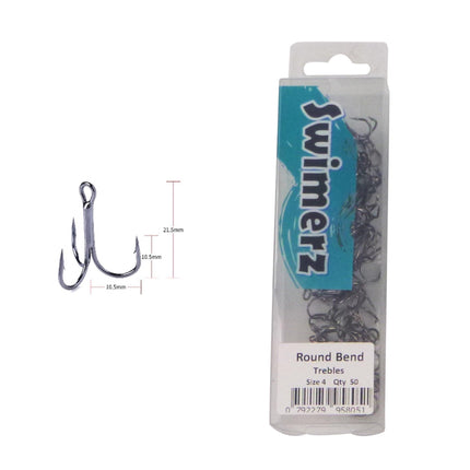 Swimerz Round Bend Trebles Size 4, 50 pack.