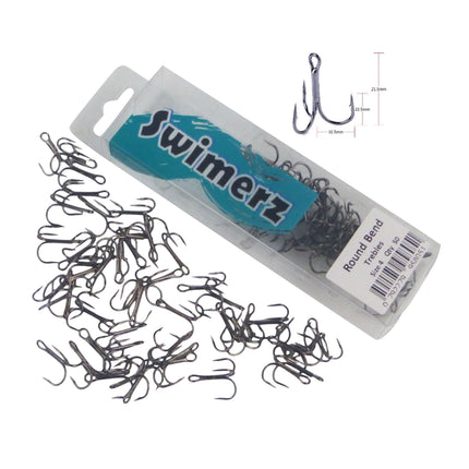 Swimerz Round Bend Trebles Size 4, 50 pack.