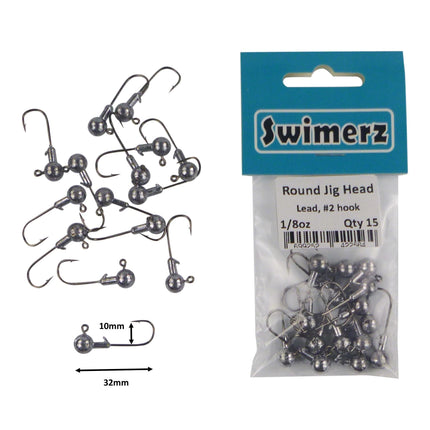 Swimerz Round Jig Head, 1/8 oz #2 Hook, 15 pack.