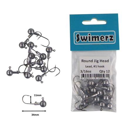 Swimerz Round Jig Head, 3/16 oz #1 Hook, 12 pack.
