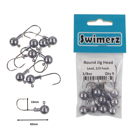 Swimerz Round Jig Head, 3/8 oz 2/0 Hook, 9 pack.