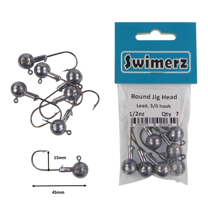 Swimerz Round Jig Head, 1/2 oz 2/0 Hook, 8 pack.