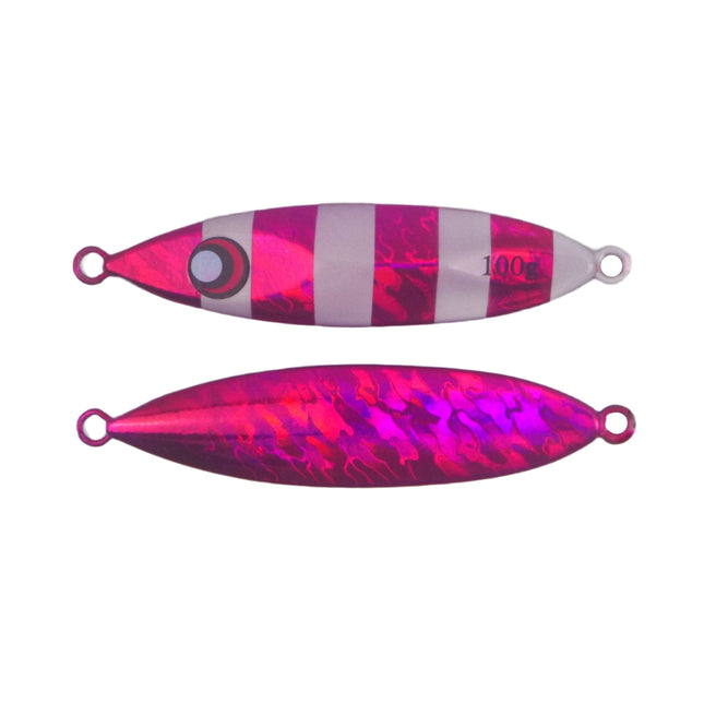 Finesse Slow Pitch Flutter Jig, 100gm, Hot Pink Stripe, 2 pack.