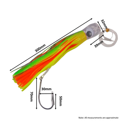 Swimerz Trolling Lure Rigs, 95gm, 23cmL, Size 8/0 Hook, Lime Spider, 2 pack.
