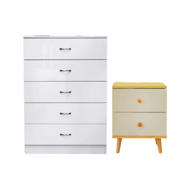 NNECN 5 Layer White Drawer Chest Storage with Bedside Table.