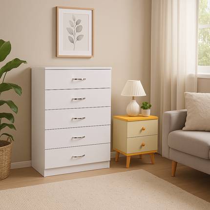 NNECN 5 Layer White Drawer Chest Storage with Bedside Table.