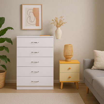 NNECN 5 Layer White Drawer Chest Storage with Bedside Table.