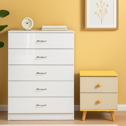 NNECN 5 Layer White Drawer Chest Storage with Bedside Table.