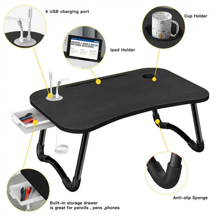 NNECN Laptop Desk Bed Table Tray Folding Breakfast Table Portable Lap Standing Desk Notebook Stand Reading Holder for Bed/Sofa Large Lap Desk with USB-Charger and Cup-Holder.
