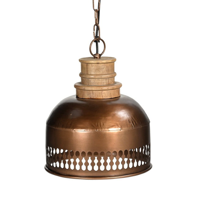 COPPER CUT-OUT AND WOOD LAMPSHADE.
