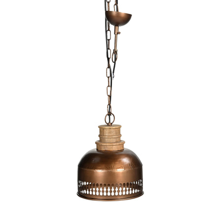 COPPER CUT-OUT AND WOOD LAMPSHADE.