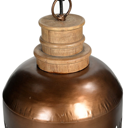 COPPER CUT-OUT AND WOOD LAMPSHADE.