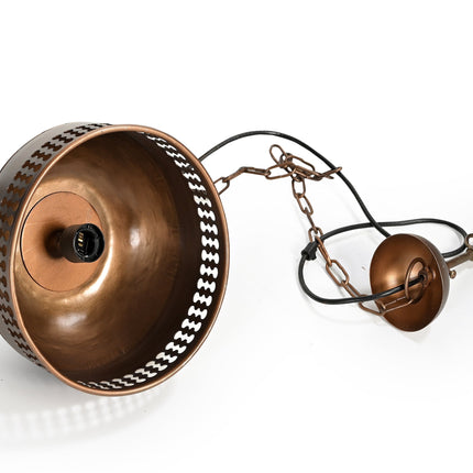 COPPER CUT-OUT AND WOOD LAMPSHADE.