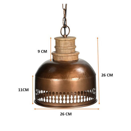 COPPER CUT-OUT AND WOOD LAMPSHADE.