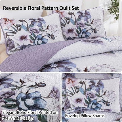 Romantic Wildflower Soft Cozy 3 Pc Bedspread & Pillow Cover Set.