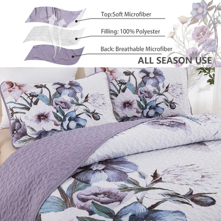 Romantic Wildflower Soft Cozy 3 Pc Bedspread & Pillow Cover Set.