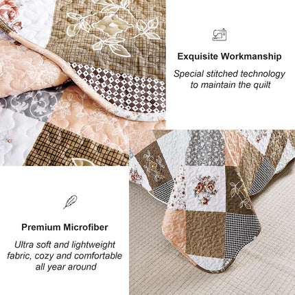 Gleaming rust brown colo patchwork 3 Pc XL Bedspread & Pillow Cover Set.
