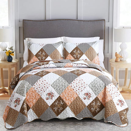 Gleaming rust brown colo patchwork 3 Pc Bedspread & Pillow Cover Set.