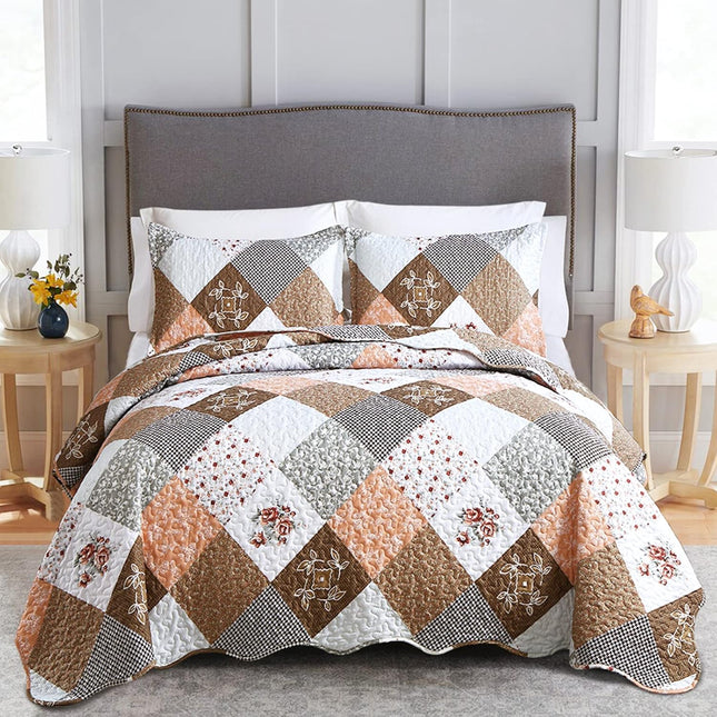 Gleaming rust brown colo patchwork 3 Pc Bedspread & Pillow Cover Set.