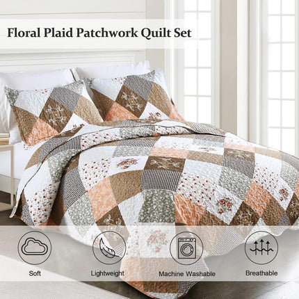 Gleaming rust brown colo patchwork 3 Pc Bedspread & Pillow Cover Set.