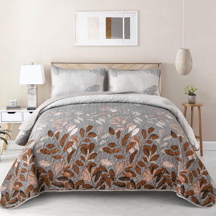 Gleaming rust grey Floral 3 Pc Bedspread & Pillow Cover Set.