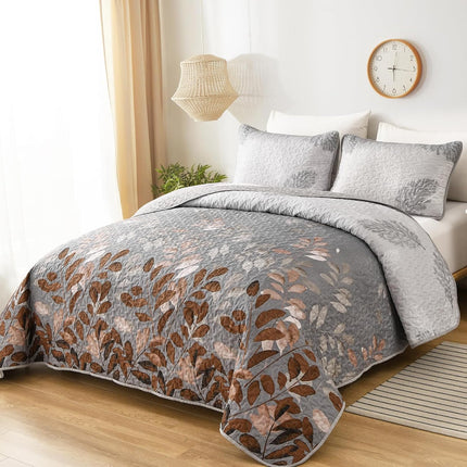 Gleaming rust grey Floral 3 Pc Bedspread & Pillow Cover Set.