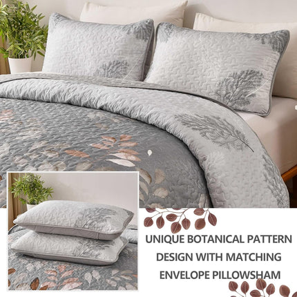 Gleaming rust grey Floral 3 Pc Bedspread & Pillow Cover Set.