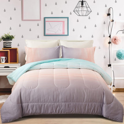 Girls Comforter Set, Queen Size, Ombre Blue Pink Rainbow 3-Piece Bedding Collection.