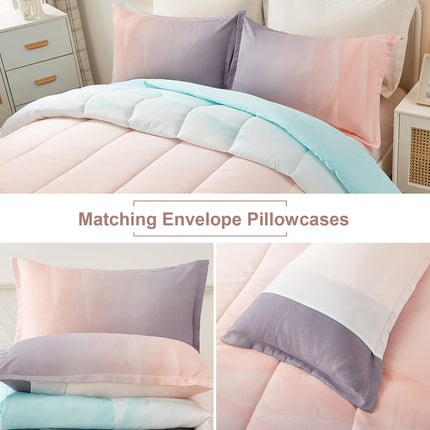Girls Comforter Set, Queen Size, Ombre Blue Pink Rainbow 3-Piece Bedding Collection.