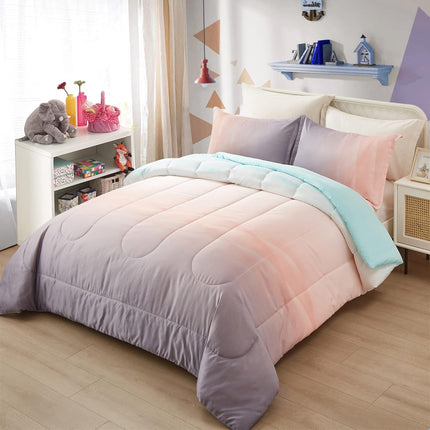 Girls Comforter Set, King Size, Ombre Blue Pink Rainbow 3-Piece Bedding Collection.