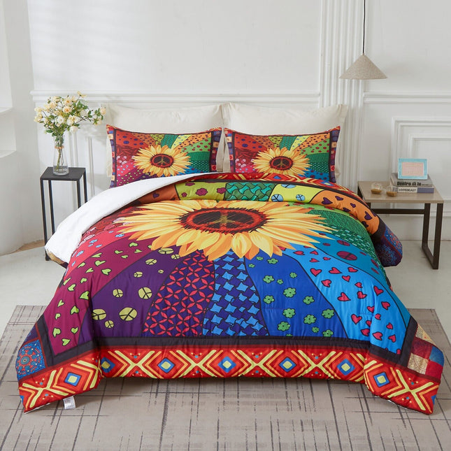 Floral Sunflower Comforter Set, King Size, Quilted Bedding with Pillowcases.
